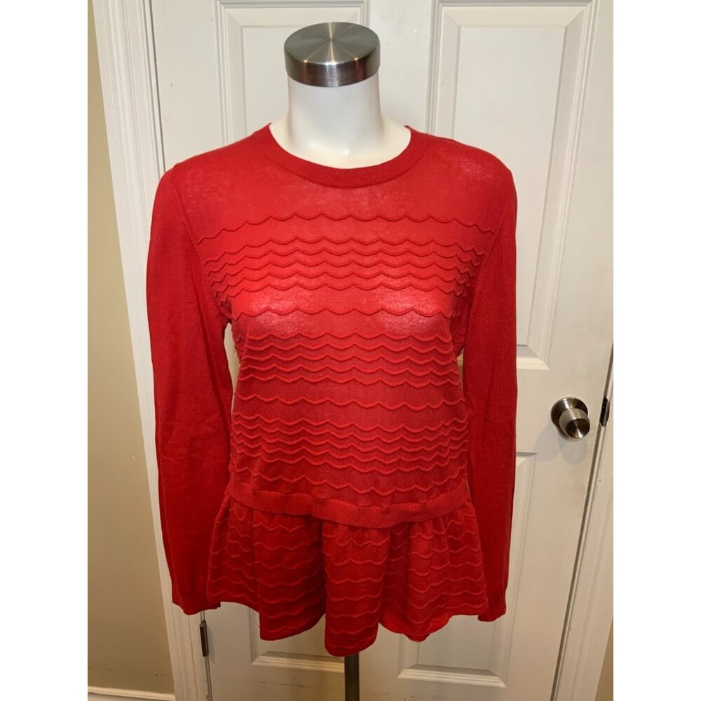 RED Valentino Thin Knit Scalloped Crew Neck Peplum Sweater, Size S